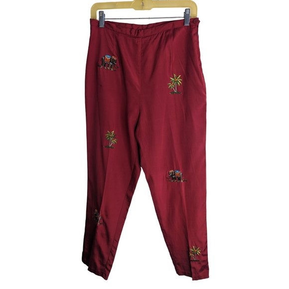 Silkland Red Silk/Cotton Lined Pants Embroidered Tropical Print Boho sz 10Petite - Picture 1 of 9